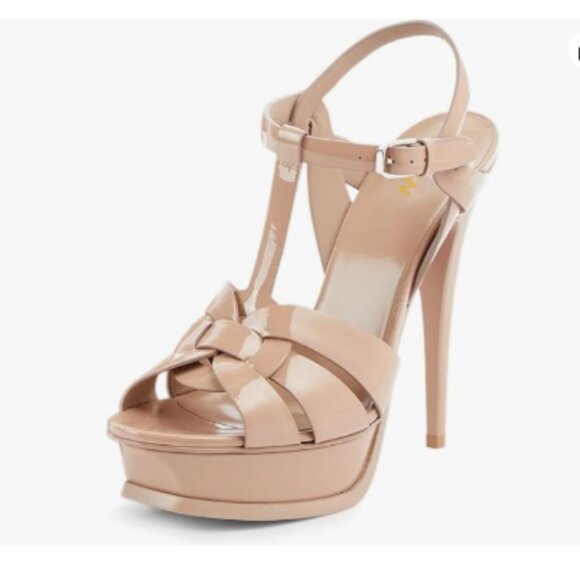 YDN Shoes - YDN Nude Strappy High Heel Platform Peep Toe T-strap Ankle Strap Buckled Sandals